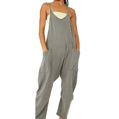 Naisten löysä hihaton Jumpsuits Spagetti hihna Stretchy pitkät housut Romper Jumpsuit taskut vetoketjulla