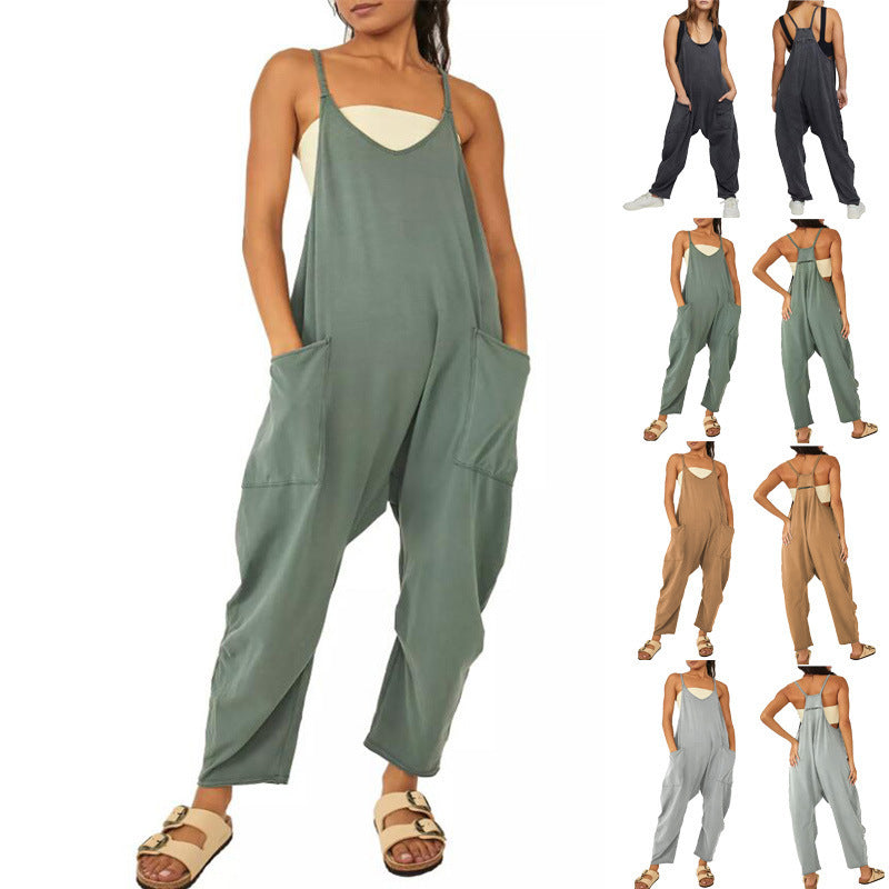 Naisten löysä hihaton Jumpsuits Spagetti hihna Stretchy pitkät housut Romper Jumpsuit taskut vetoketjulla