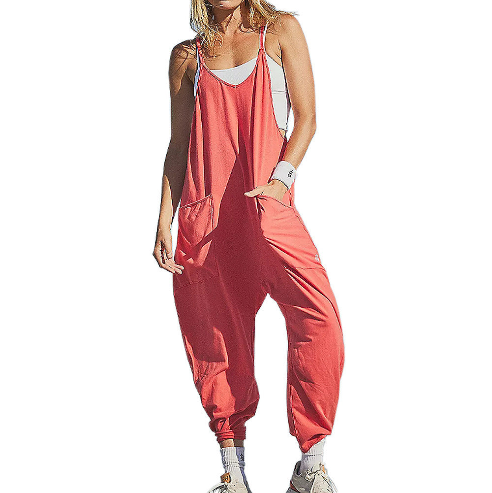 Naisten löysä hihaton Jumpsuits Spagetti hihna Stretchy pitkät housut Romper Jumpsuit taskut vetoketjulla