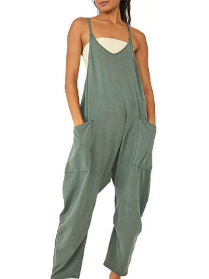 Naisten löysä hihaton Jumpsuits Spagetti hihna Stretchy pitkät housut Romper Jumpsuit taskut vetoketjulla